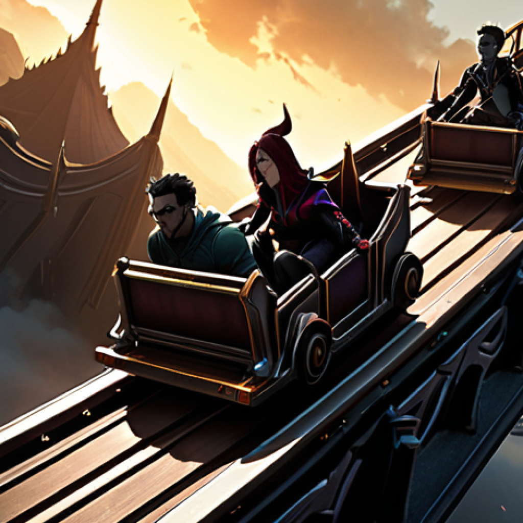 **A dramatic, stylized depiction of champions on a rollercoaster, representing the ups and downs of champion adjustments in League of Legends.** Include recognizable silhouettes of champions mentioned, like Ornn rising and Irelia falling. The rollercoaster should be set against a backdrop of the Summoner's Rift.