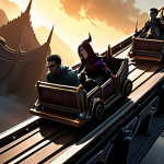 **A dramatic, stylized depiction of champions on a rollercoaster, representing the ups and downs of champion adjustments in League of Legends.** Include recognizable silhouettes of champions mentioned, like Ornn rising and Irelia falling. The rollercoaster should be set against a backdrop of the Summoner's Rift.