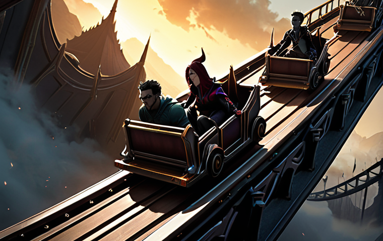 **A dramatic, stylized depiction of champions on a rollercoaster, representing the ups and downs of champion adjustments in League of Legends.** Include recognizable silhouettes of champions mentioned, like Ornn rising and Irelia falling. The rollercoaster should be set against a backdrop of the Summoner's Rift.