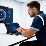 A focused professional esports coach, male, in a modest team polo shirt, sitting at a sleek, minimalist table in a high-tech strategy room. Large abstract data visualizations are displayed on wall-mounted screens behind him, hinting at complex analysis. He is holding a tablet, deep in thought, with a determined expression. The room is clean, well-lit with cool tones, conveying a sense of intellectual intensity and strategic depth. fully clothed, appropriate attire, safe for work, professional, perfect anatomy, correct proportions, natural pose, well-formed hands, proper finger count, natural body proportions, high quality, professional photography, crisp focus.