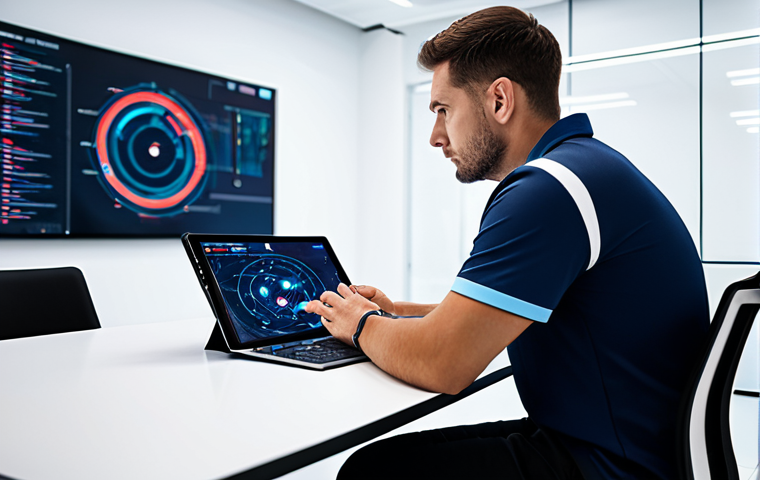 A focused professional esports coach, male, in a modest team polo shirt, sitting at a sleek, minimalist table in a high-tech strategy room. Large abstract data visualizations are displayed on wall-mounted screens behind him, hinting at complex analysis. He is holding a tablet, deep in thought, with a determined expression. The room is clean, well-lit with cool tones, conveying a sense of intellectual intensity and strategic depth. fully clothed, appropriate attire, safe for work, professional, perfect anatomy, correct proportions, natural pose, well-formed hands, proper finger count, natural body proportions, high quality, professional photography, crisp focus.