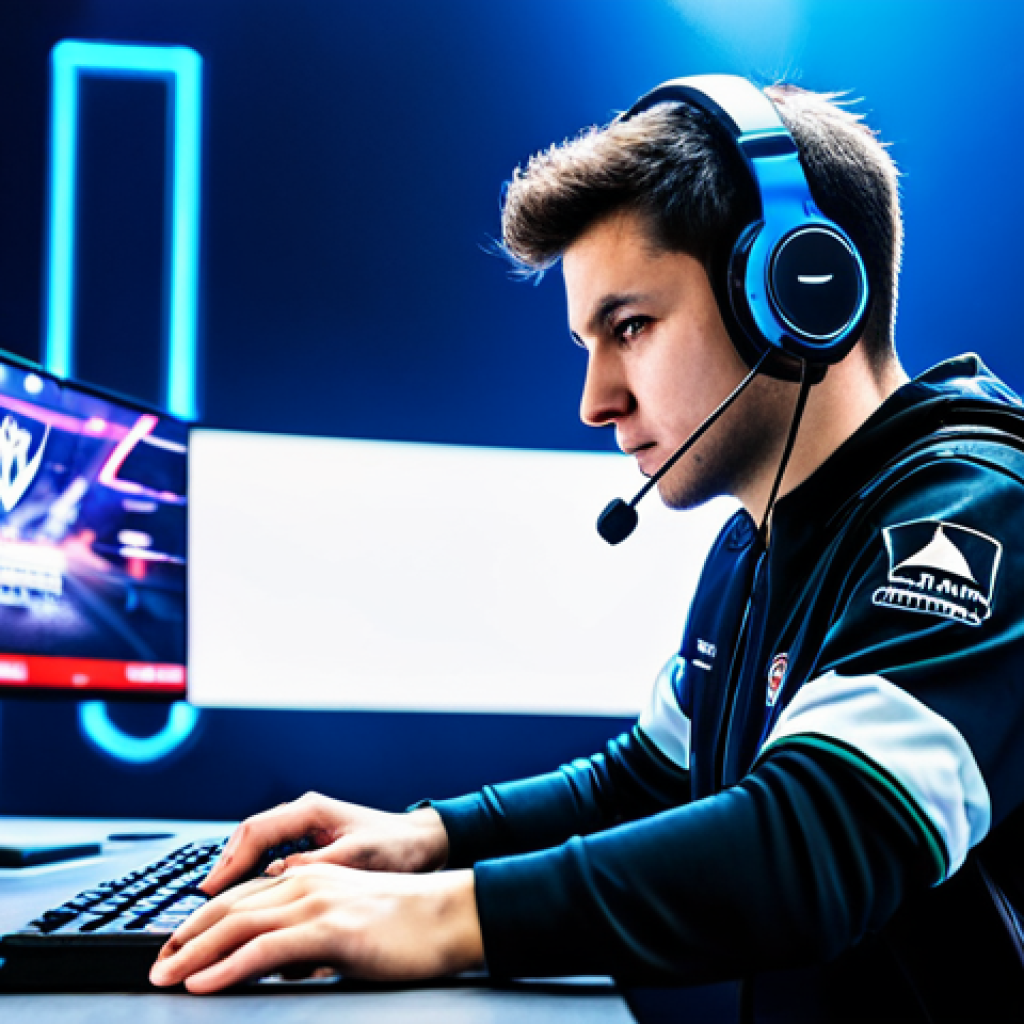 A focused professional Valorant esports player wearing a sleek, branded team jersey and a gaming headset, intensely concentrated on their high-tech monitor setup on a brightly lit, futuristic stage. The player is seated, exhibiting perfect anatomy, correct proportions, and a natural pose, with well-formed hands on the keyboard and mouse, ensuring a proper finger count. The background features dynamic stage lighting and a blurred, distant audience, suggesting a large esports arena. This image is fully clothed, appropriate attire, professional dress, safe for work, appropriate content, professional, high-resolution, professional photography.