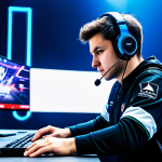 A focused professional Valorant esports player wearing a sleek, branded team jersey and a gaming headset, intensely concentrated on their high-tech monitor setup on a brightly lit, futuristic stage. The player is seated, exhibiting perfect anatomy, correct proportions, and a natural pose, with well-formed hands on the keyboard and mouse, ensuring a proper finger count. The background features dynamic stage lighting and a blurred, distant audience, suggesting a large esports arena. This image is fully clothed, appropriate attire, professional dress, safe for work, appropriate content, professional, high-resolution, professional photography.