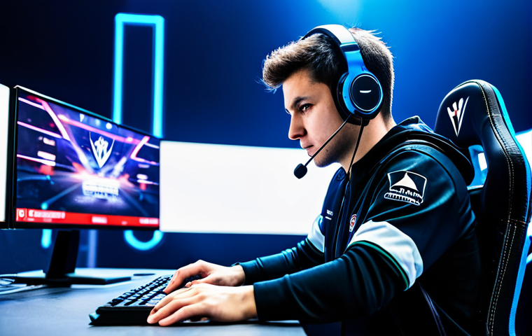 A focused professional Valorant esports player wearing a sleek, branded team jersey and a gaming headset, intensely concentrated on their high-tech monitor setup on a brightly lit, futuristic stage. The player is seated, exhibiting perfect anatomy, correct proportions, and a natural pose, with well-formed hands on the keyboard and mouse, ensuring a proper finger count. The background features dynamic stage lighting and a blurred, distant audience, suggesting a large esports arena. This image is fully clothed, appropriate attire, professional dress, safe for work, appropriate content, professional, high-resolution, professional photography.