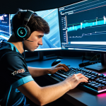 A professional esports player, fully clothed in a modest, clean team jersey, intensely focused at a high-tech gaming station within a modern esports arena. Holographic abstract data displays representing game statistics and patch notes subtly float around the monitors, illustrating the constant evolution of the game. The player maintains a natural pose, with well-formed hands resting on the keyboard and mouse, indicating deep concentration. The scene is captured with professional photography, featuring cinematic lighting and ultra-detailed realism. safe for work, appropriate content, fully clothed, professional dress, perfect anatomy, correct proportions, natural body proportions, proper finger count.