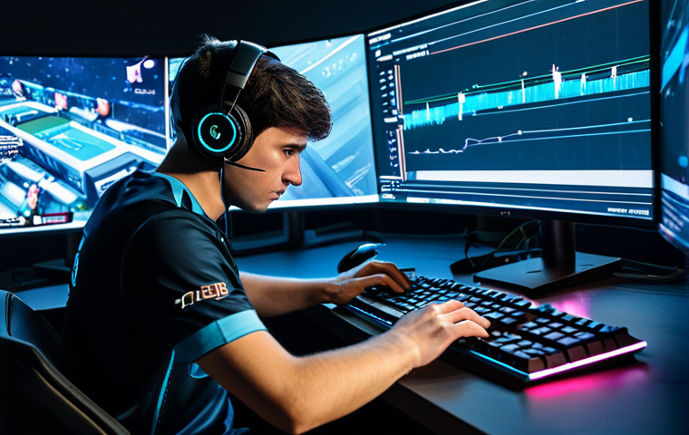 A professional esports player, fully clothed in a modest, clean team jersey, intensely focused at a high-tech gaming station within a modern esports arena. Holographic abstract data displays representing game statistics and patch notes subtly float around the monitors, illustrating the constant evolution of the game. The player maintains a natural pose, with well-formed hands resting on the keyboard and mouse, indicating deep concentration. The scene is captured with professional photography, featuring cinematic lighting and ultra-detailed realism. safe for work, appropriate content, fully clothed, professional dress, perfect anatomy, correct proportions, natural body proportions, proper finger count.