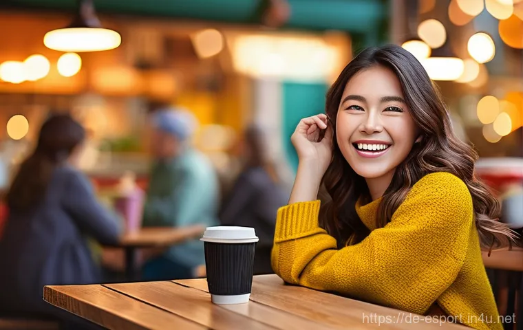 LOL 과학 기술 활용 - 5 (Up 20%!)'. The background features soft, bokeh lighting from the cafe, creating a relaxed and joy...