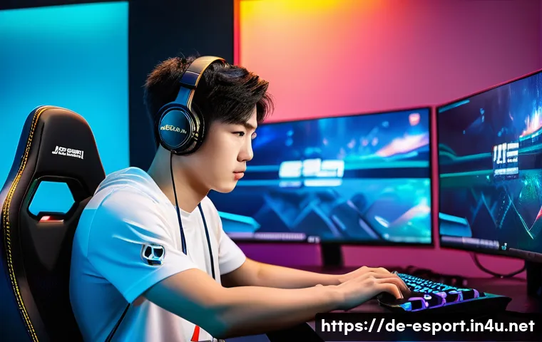 페이커 본명과 프로필 - A young South Korean professional esports player intensely focused in a modern gaming room, surround...