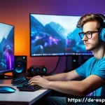 Home 14 롤 하이라이트 클립 편집 팁 - A dynamic esports video editing studio scene set in a modern German apartment, featuring a focused y...