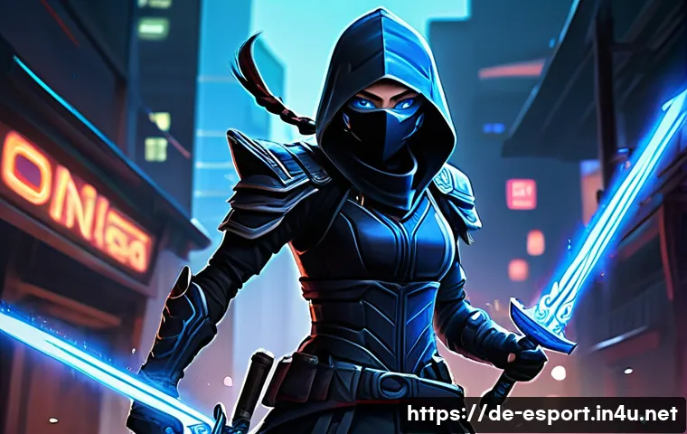 롤 챔피언 개편 스토리 - A dynamic and detailed digital painting of a modernized ninja champion inspired by Akali’s rework: t...