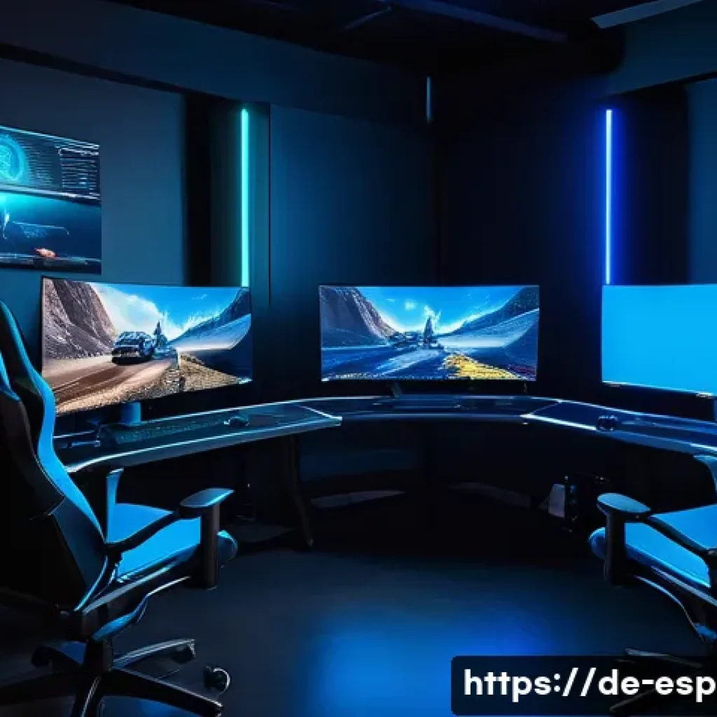 롤드컵 대표 경기 재생산 콘텐츠 - A high-tech gaming setup room showcasing multiple screens displaying synchronized gameplay replays f...