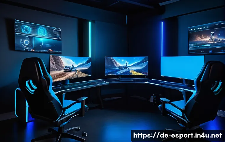 롤드컵 대표 경기 재생산 콘텐츠 - A high-tech gaming setup room showcasing multiple screens displaying synchronized gameplay replays f...