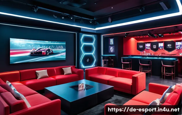 롤드컵 결승전 VIP 티켓 - A stylish VIP gaming event lounge interior in Germany, featuring modern design with sleek black and ...