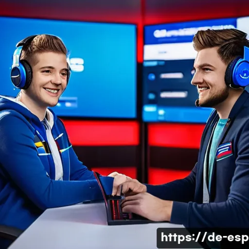 LOL e스포츠 캐스터 추천 - A dynamic scene of a professional eSports casting studio set in Germany, featuring a charismatic mal...
