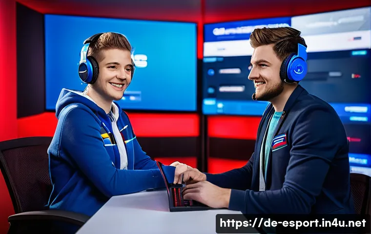 LOL e스포츠 캐스터 추천 - A dynamic scene of a professional eSports casting studio set in Germany, featuring a charismatic mal...