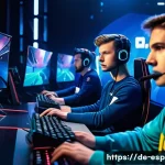 T1 소속 선수 소개 - A dynamic esports team scene showing five professional players in a high-tech gaming arena, each wea...