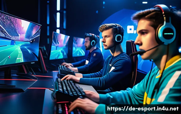 T1 소속 선수 소개 - A dynamic esports team scene showing five professional players in a high-tech gaming arena, each wea...