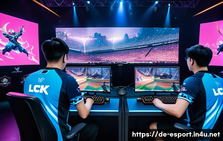 LCK 최고의 명경기 - A dynamic esports arena scene capturing the intense final moments of a League of Legends match betwe...