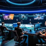 발로란트 챌린저스 리그 이슈 - A dynamic esports team mid-match in a futuristic Valorant arena, featuring five diverse players wear...