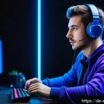 프로게이머 멘탈 관리 비법 - A focused esports player sitting at a high-tech gaming desk, wearing casual comfortable clothing and...