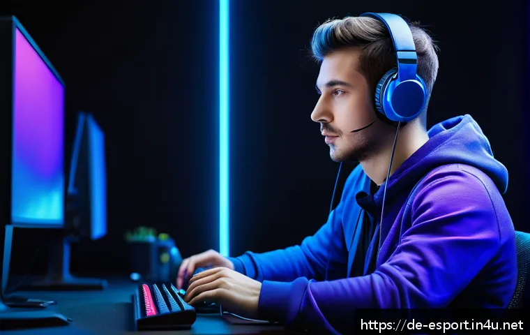 프로게이머 멘탈 관리 비법 - A focused esports player sitting at a high-tech gaming desk, wearing casual comfortable clothing and...