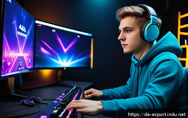 LOL 플레이리스트 추천 - A focused young German gamer in his early 20s, sitting in a modern gaming room with RGB lighting and...