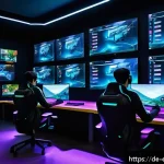 롤 AI 봇 시스템 발전 - A futuristic esports training room with advanced AI bots displayed on multiple holographic screens, ...
