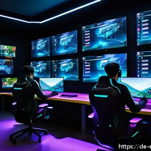롤 AI 봇 시스템 발전 - A futuristic esports training room with advanced AI bots displayed on multiple holographic screens, ...