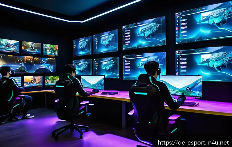 롤 AI 봇 시스템 발전 - A futuristic esports training room with advanced AI bots displayed on multiple holographic screens, ...