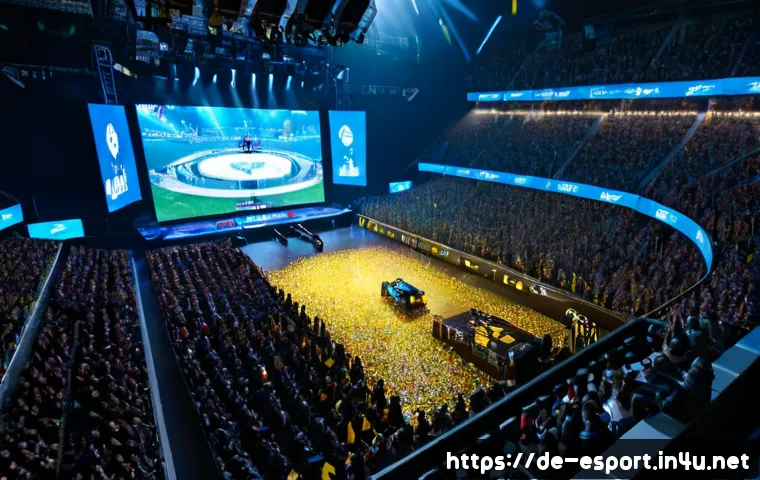 롤드컵 2022 하이라이트 - Photorealistic esports arena in Berlin during a dramatic 2022 championship final, wide cinematic vie...